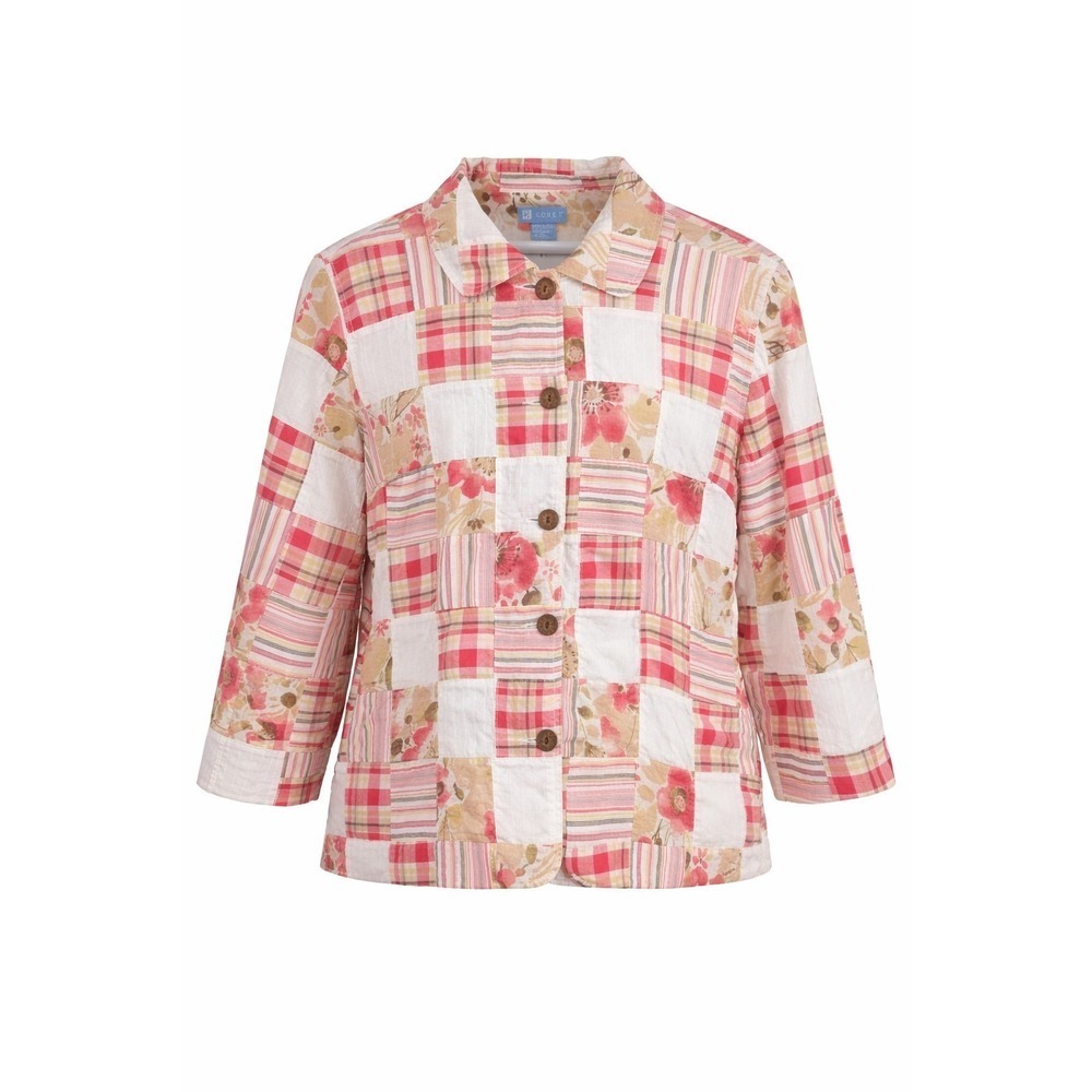 Koret Vintage Jacket Women's Size XL Patchwork Quilt Pink Tan White Lined Button